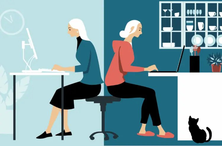 Two women working back-to-back in office and home settings.