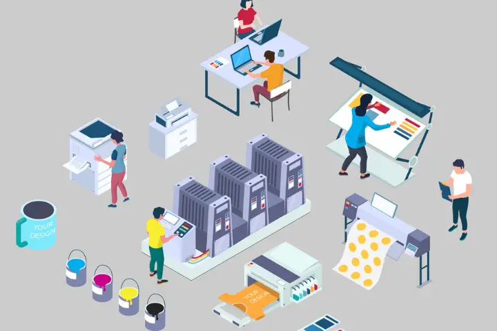 Illustration of office printing and design services with equipment and workers.