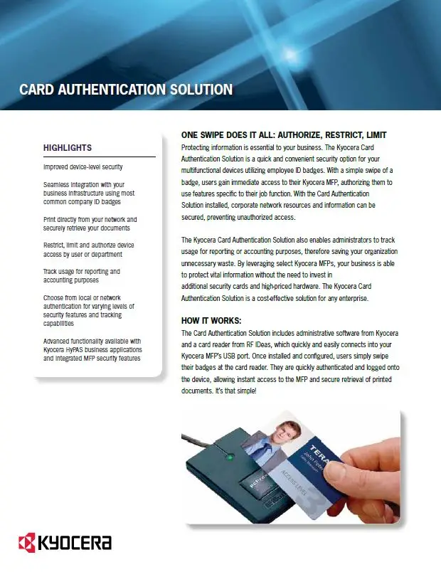 Kyocera, Software, Cost Control, Security Card Authentication, Tri-Copy Office Equipment